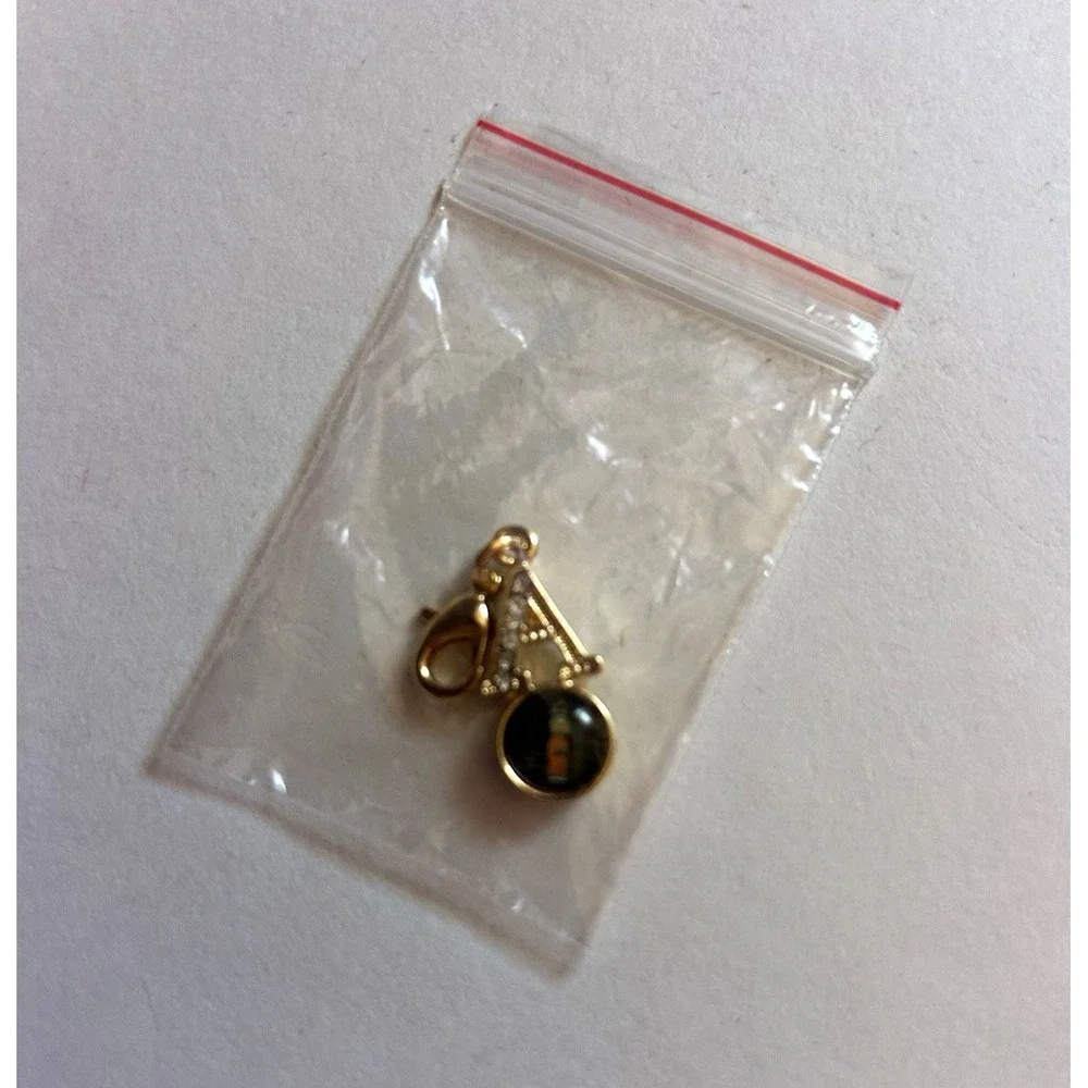 Gold Tone 'A' Initial Dangle Charm Pendant, Lobster Clasp, Black Round Stone